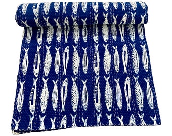 Handblock Indigo Fisch gedruckt Baumwolle Kantha werfen