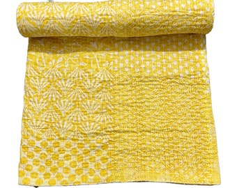 Yellow Patchwork Kantha Quilt Queen Pure Cotton Kantha Throw Blanket Bedspread Coverlet Kantha Bed Cover Boho Quilt