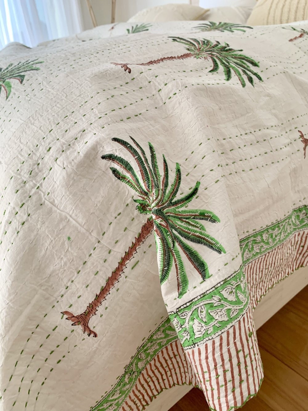 Rich Green Palm Tree Kantha Quilt Etsy