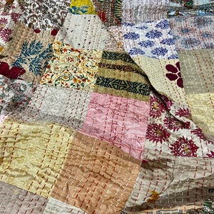 Natural Beige, Cream Color Embroidered Assorted Patchwork Recycled Indian Sari Blanket, Handmade Kantha Quilt, Bedding Throw, Bedspread