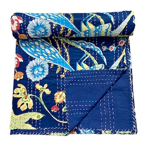 Navy Blue Peacock Kantha Bedspread - Limited Stock