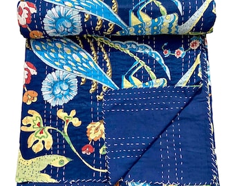 Navy Blue Peacock Kantha Bedspread - Limited Stock