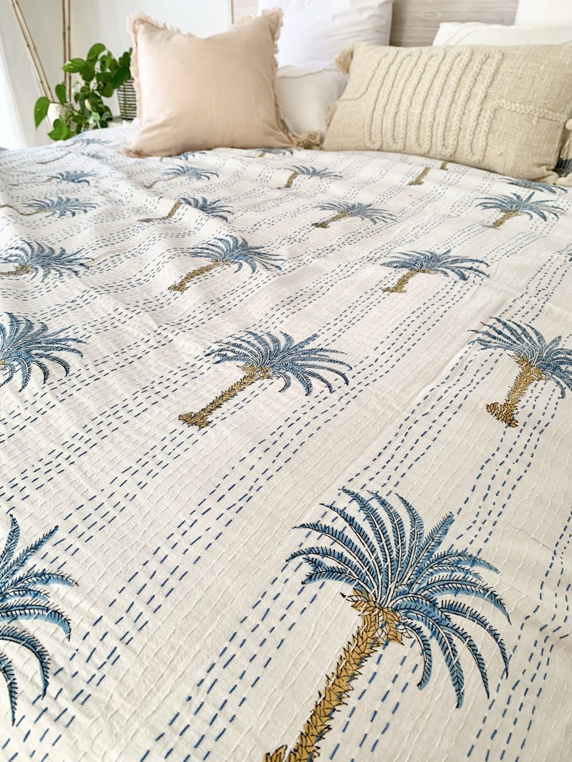 Blue Palm Tree Kantha Quilt Etsy