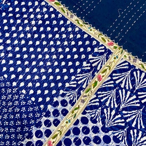 Lace Work Indigo Kantha Bedspread