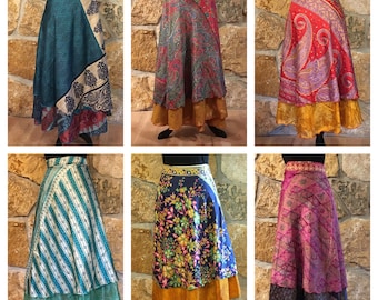 Indian Silk Long Wrap Skirts Wholesale Lot of Maxi Skirt, Bohemian Skirts, Hippie Skirts, Silk Sari Skirts