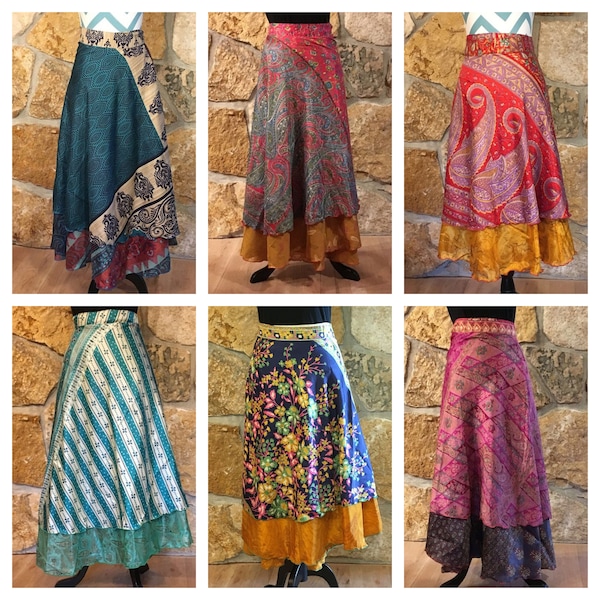 Indian Silk Long Wrap Skirts Wholesale Lot of Maxi Skirt, Bohemian Skirts, Hippie Skirts, Silk Sari Skirts