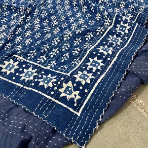 Indigo Handmade Cotton Kantha Quilt Blue Hand Block Cotton Kantha Throw image 3