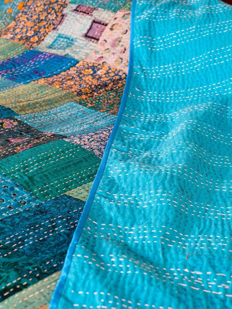 Kingfisher Blue Silk Patchwork Indian Bedspread - Etsy