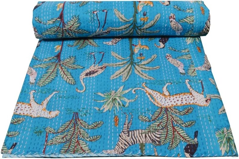 Kantha Quilt Tierdruck Kantha Quilt Wende-Baumwollbettwäsche Tagesdecke Twin / Queen / King Size Vintage Kantha Blue