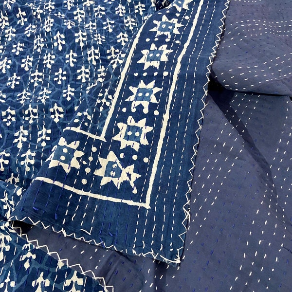 Indigo Handmade Cotton Kantha Quilt Blue Hand Block Cotton Kantha Throw