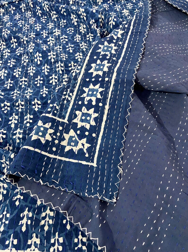 Indigo Handmade Cotton Kantha Quilt Blue Hand Block Cotton Kantha Throw image 1