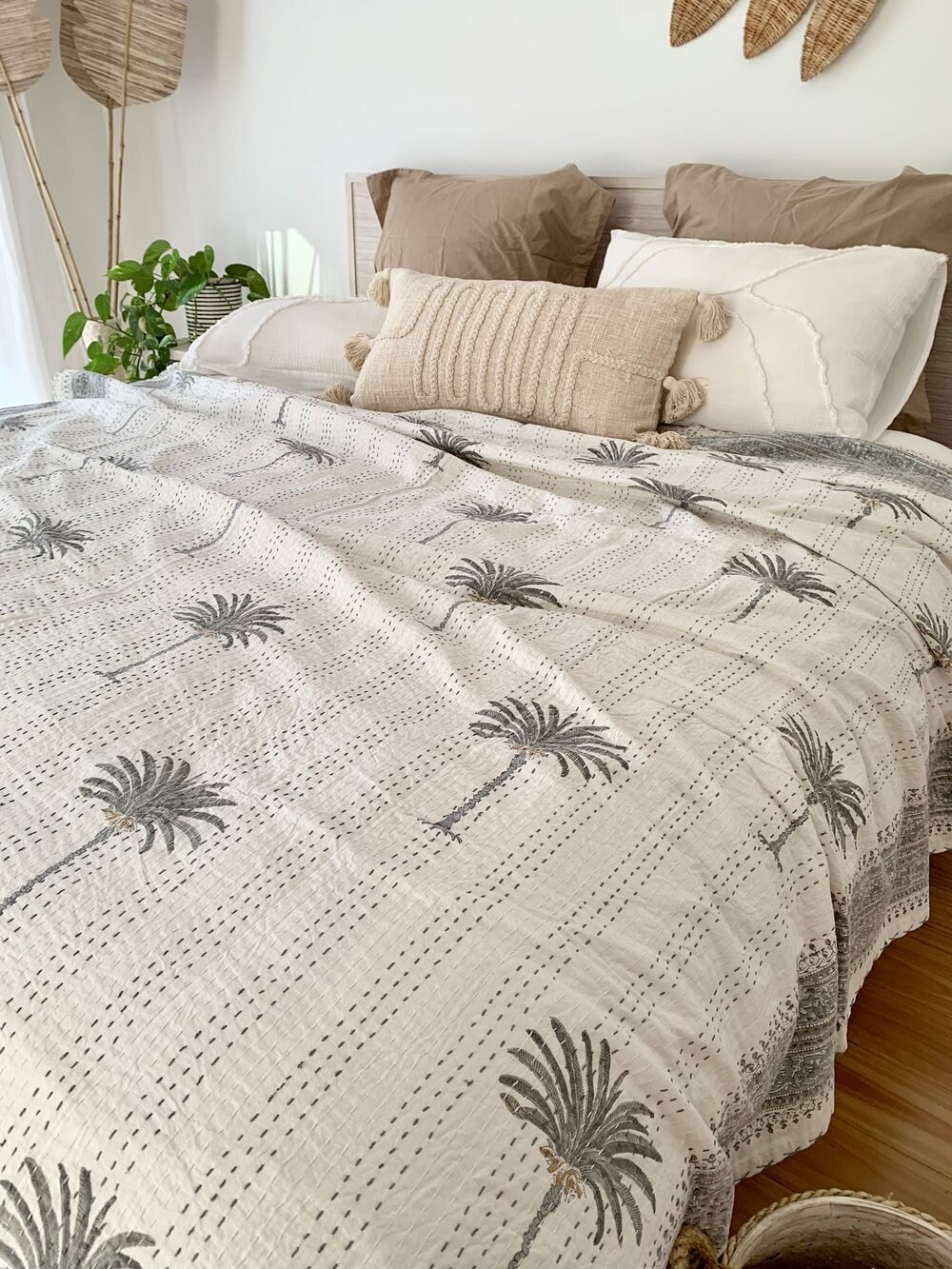 Grey Palm Tree Kantha quilt Etsy Australia
