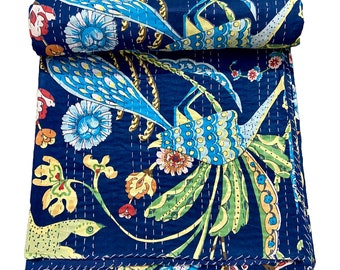 Peacock kantha quilt - Blue