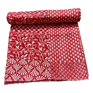Red Patchwork Printed Kantha Quilt