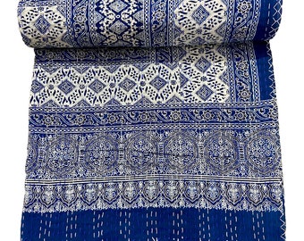 Blue Kantha Quilt King Size Hand Stitch Kantha Ajrakh Bed-cover Indian Bohemian Kantha Ajrakh Quilt