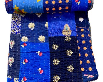 Blue Patchwork Heavy Embroidery Kantha Quilt