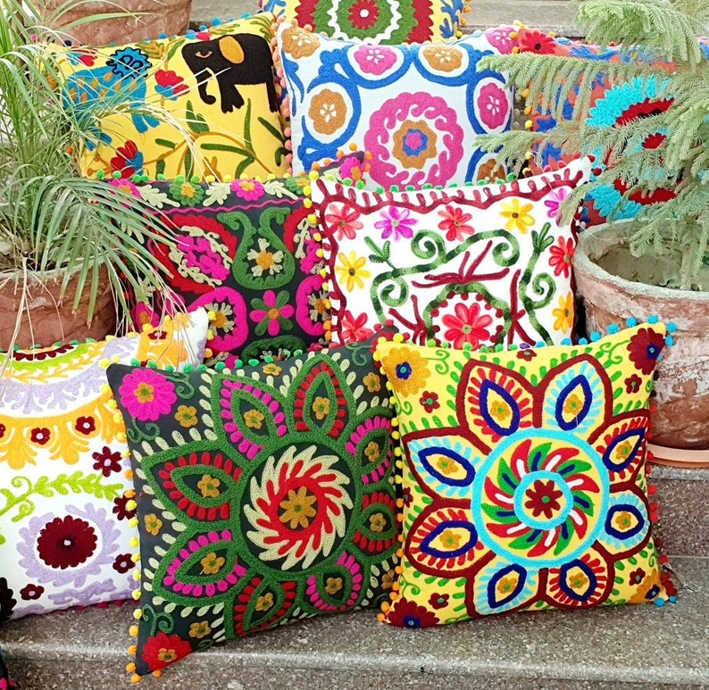 Suzani bawełniana haftowana poduszka dekoracyjna poszewka w stylu vintage do domu różne kolory zdjęcie 3