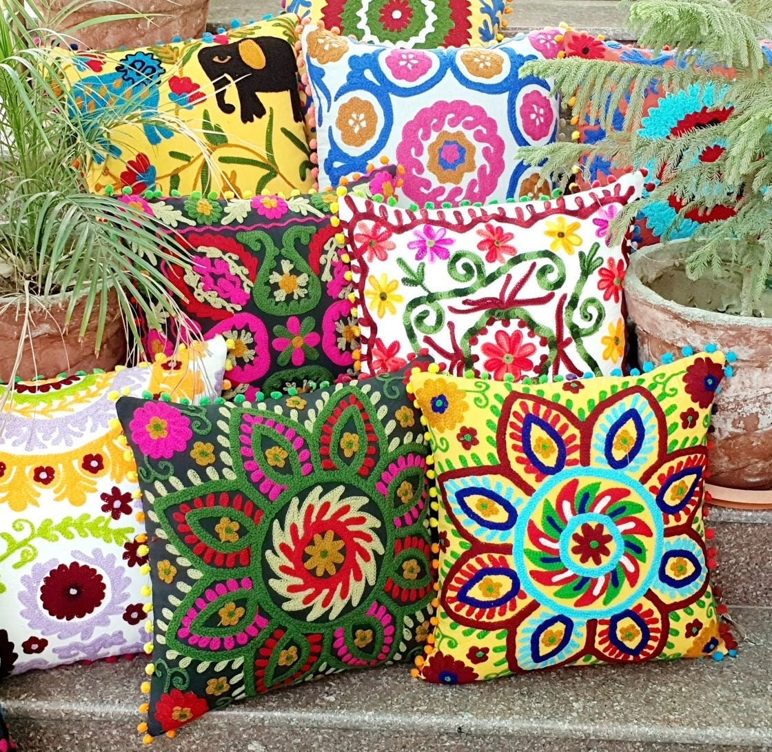 Suzani Cushion Cover Cotton Embroidered Cushion Vintage Etsy