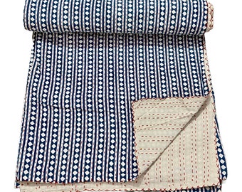 Diamond Print Indian Kantha Quilt Handmade Kantha Bed Cover Throw Cotton Blanket Size 90*108