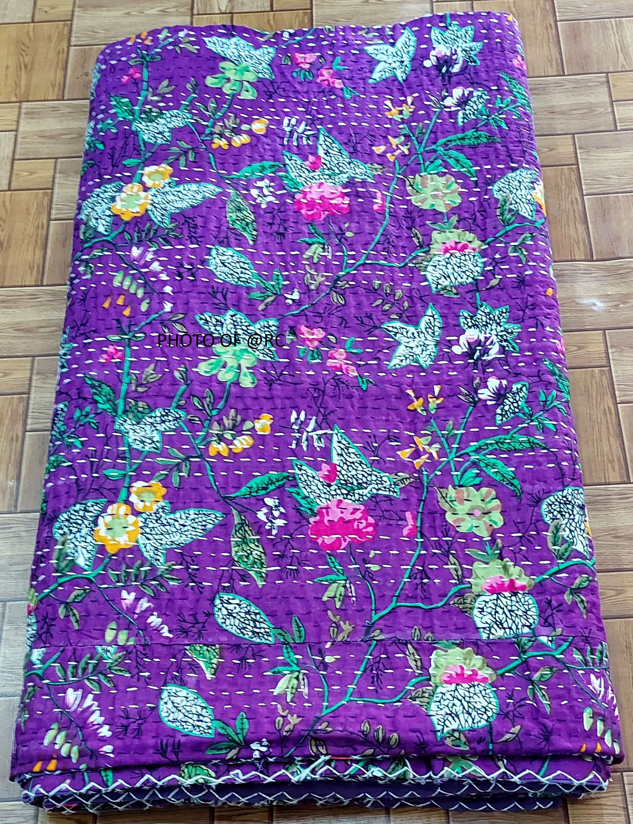 Indian Kantha Quilt Handmade Kantha Bedcover Throw Cotton Etsy