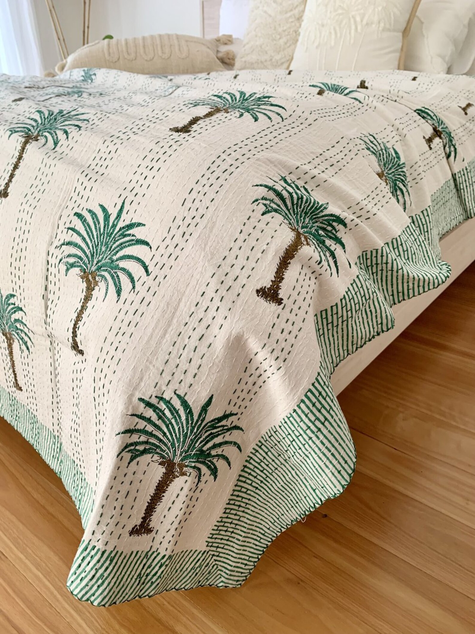 Green Palm Tree Kantha Quilt Etsy
