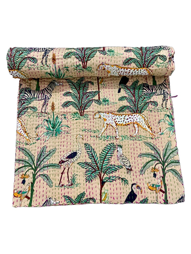 Kantha Quilt Tierdruck Kantha Quilt Wende-Baumwollbettwäsche Tagesdecke Twin / Queen / King Size Vintage Kantha Beige