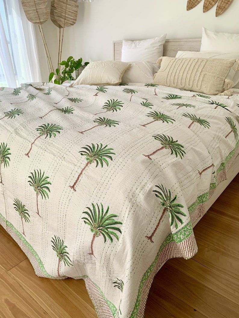 Rich Green Palm Tree Kantha Quilt Etsy