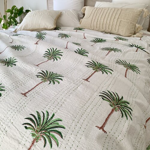 Green Palm Tree Quilt Hand Block Printed Baby Quilt 100 Etsy