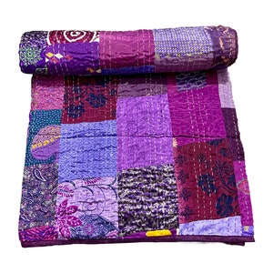 Recycled Indian Sari Patchwork Blanket, Handmade Kantha Quilt