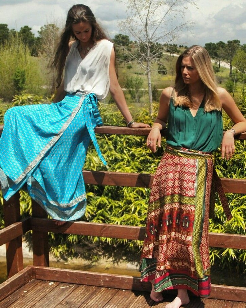 Indyjska spódnica w stylu vintage dwuwarstwowa jedwabna spódnica zawijana spódnica Magic Wrap spódnica różne kolory zdjęcie 4