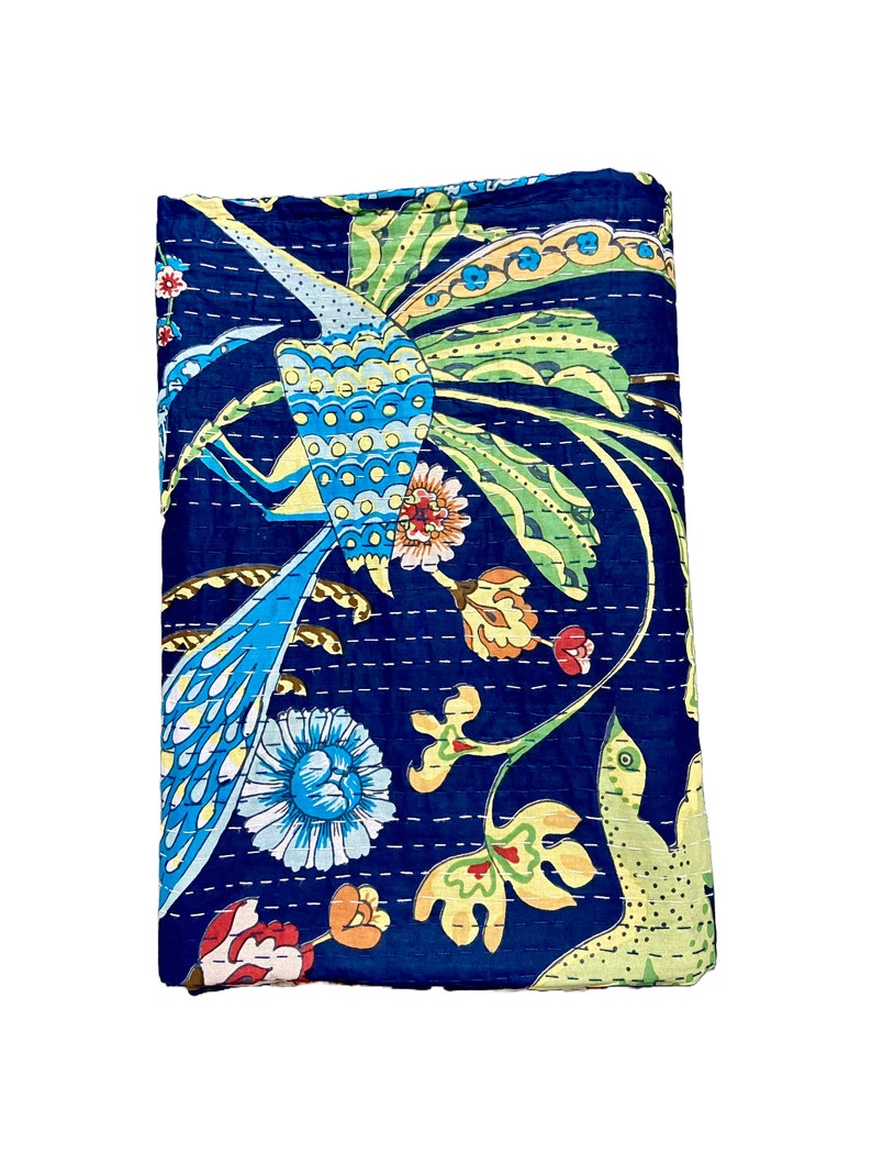 Peacock kantha quilt Blue zdjęcie 3