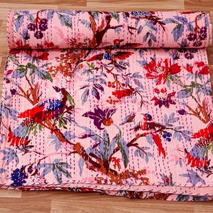 Floral & Birds Kantha Quilt Indian Handmade Cotton Kantha Quilt Bedding Bedspread Throw Kantha Blanket
