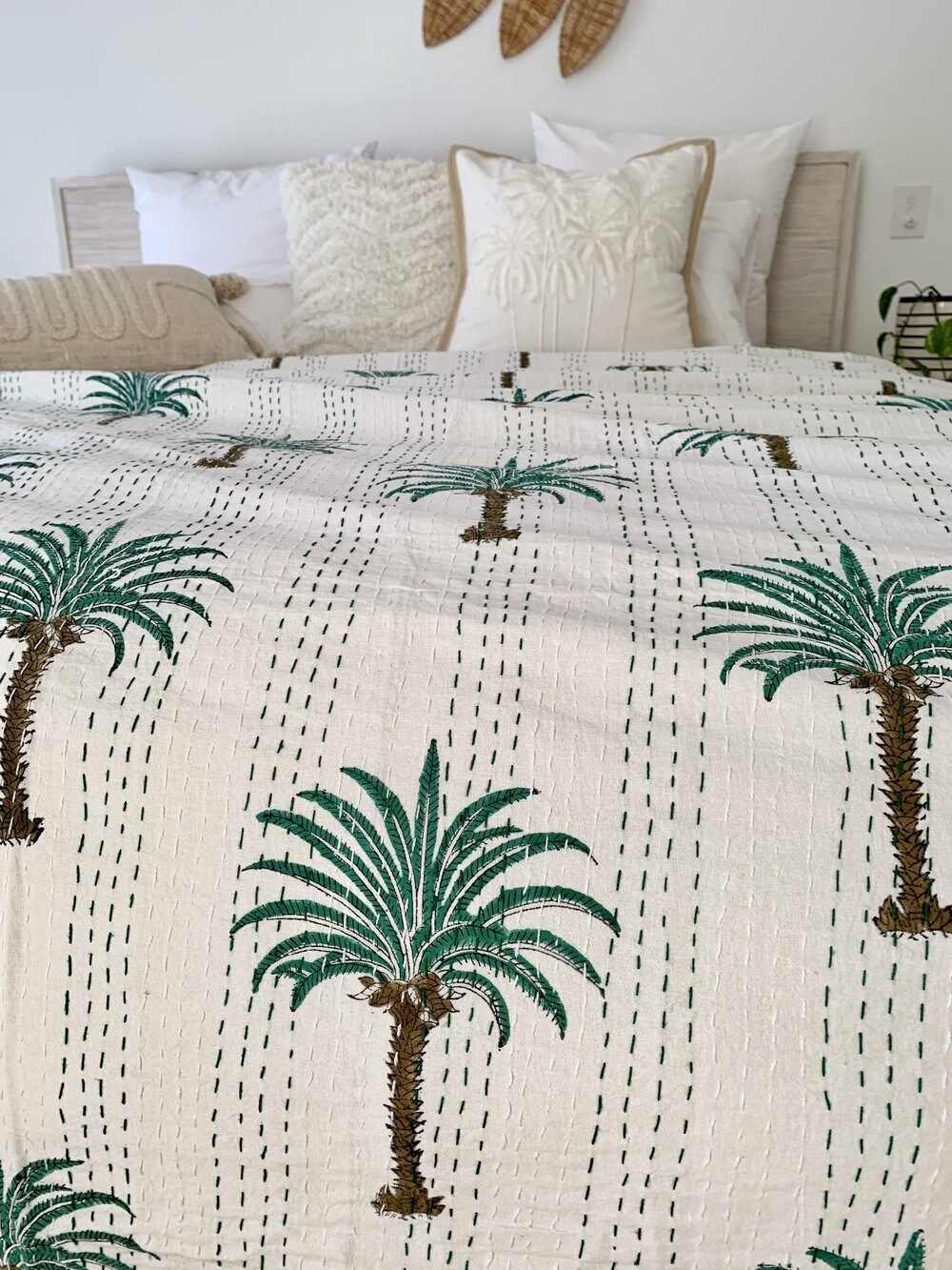 Green Palm Tree Kantha Quilt Etsy