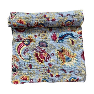 Indian Bohemian Wildflower Bedding Kantha Vintage Ethnic Cotton Bird Kantha Quilt Coverlet Bedspread Blanket Queen Size Kantha