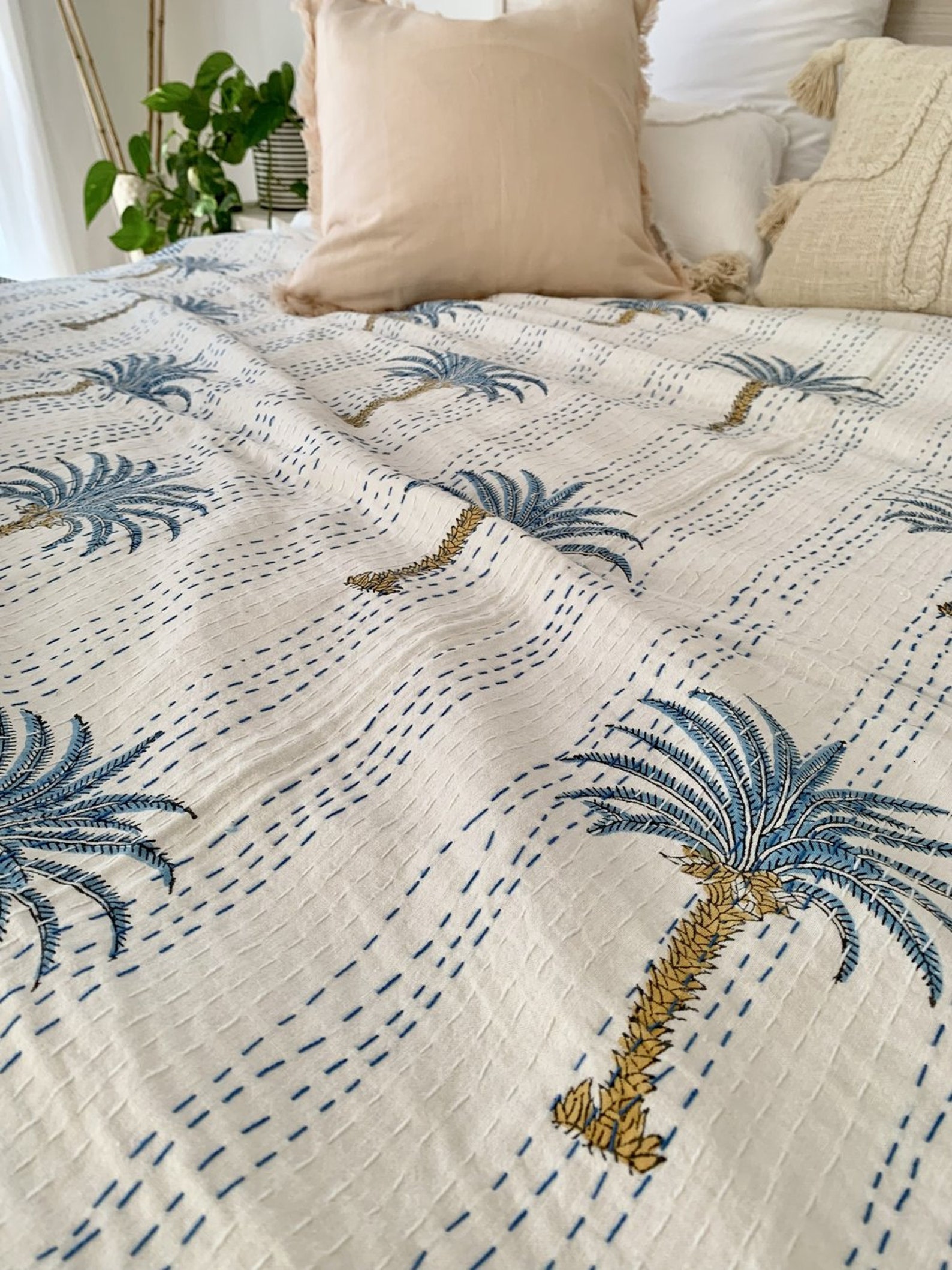 Blue Palm Tree Kantha Quilt Etsy