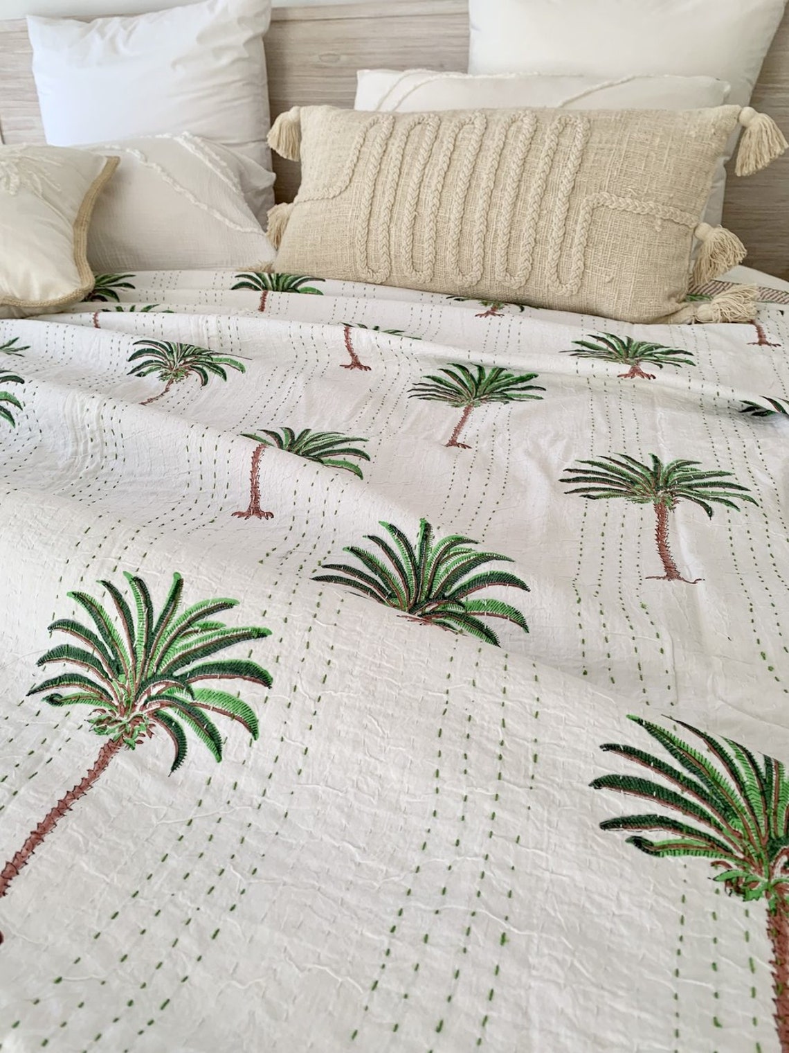 Rich Green Palm Tree Kantha Quilt Etsy