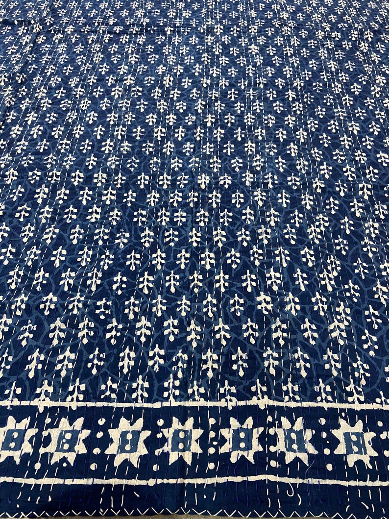 Indigo Handmade Cotton Kantha Quilt Blue Hand Block Cotton Kantha Throw image 5