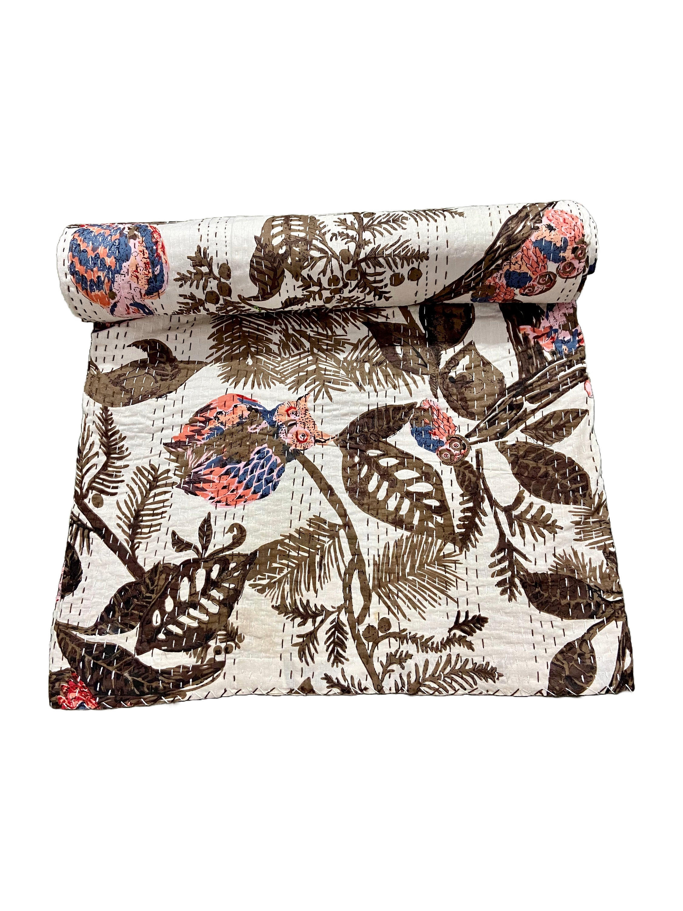 Brown Wild Owl Quilt Queen Pure Cotton Kantha Throw Blanket Bedspread Coverlet Kantha Bed Cover Boho