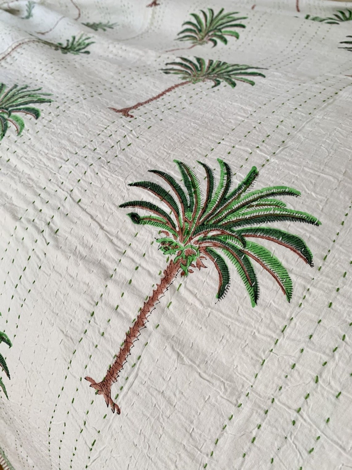 Rich Green Palm Tree Kantha Quilt | Etsy