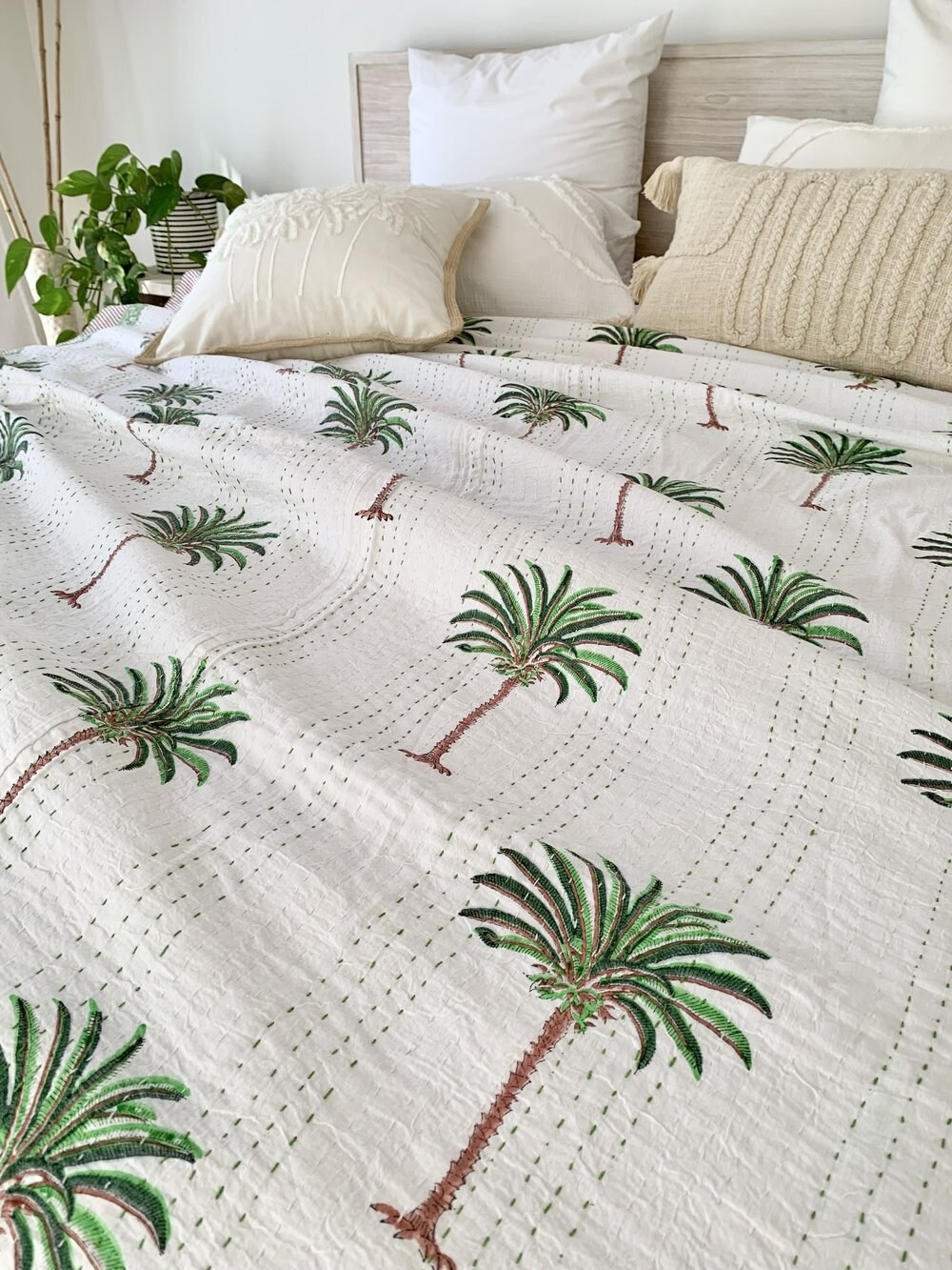 Rich Green Palm Tree Kantha Quilt Etsy