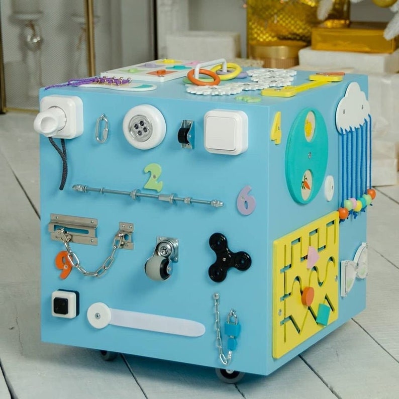 Busy board boy Busy board toddler Busy box baby Sky blue Etsy