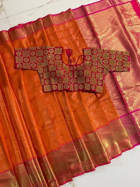 Orange silk saree with pink blouse Clearance