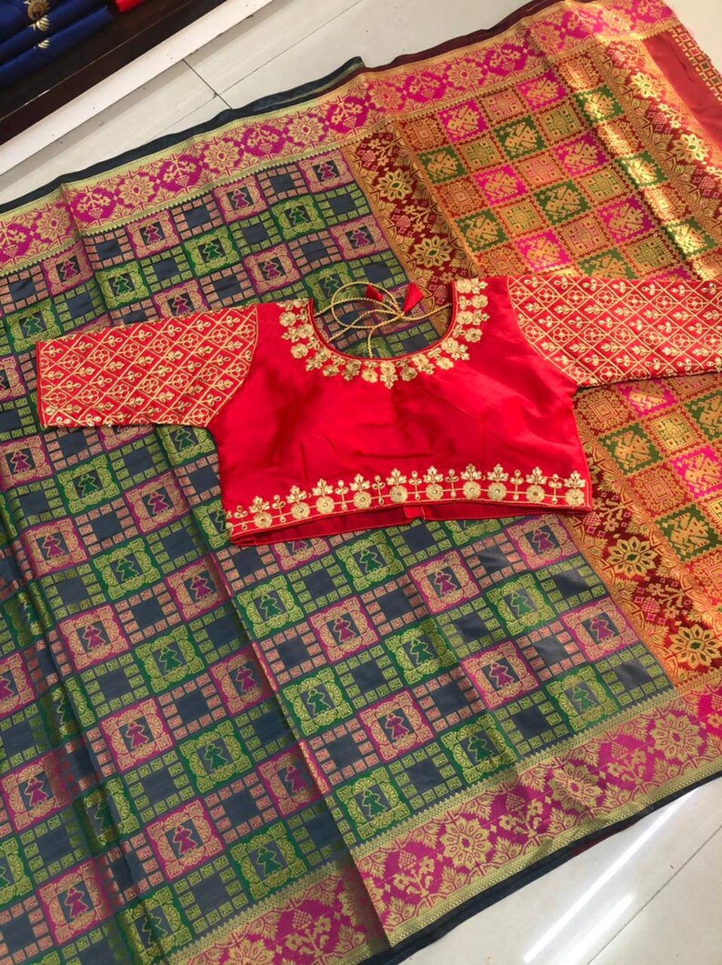 red saree Banarasi silk handloom patola saree and blouse for women,saree dress,wedding saree,indian saree,designer saree,saris,sari