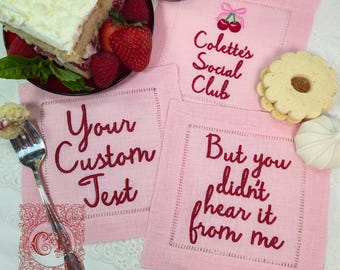 Custom Text Embroidered Linen Cocktail Napkins, YOUR Text or Ours, Create Your Set, Multiple Colors & Options, Monogrammed, Personalized
