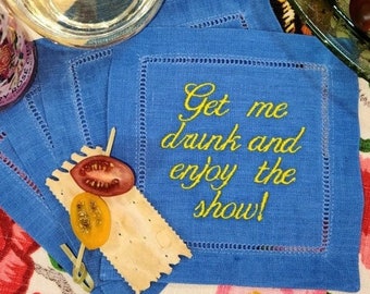 Custom Phrase Embroidered Linen Cocktail Napkins, Build Your Set, Your Phrases of Ours, Funny Custom Cocktail Napkins, Funny Beverage Napkin