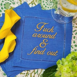 Personalized Text Phrase Embroidered Linen Cocktail Napkins, Your Text or Ours, Create Your Set, Funny Custom Cloth Napkins, Cocktail Pick