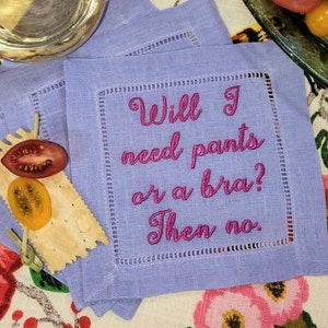 Grappige, aangepaste geborduurde linnen cocktailservetten, JOUW zinnen of de onze, maak je set, linnen cocktailservet, monogramservet