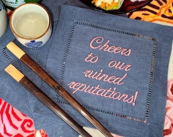 Custom Linen Embroidered Cocktail Napkins, Your Phrases or Ours, 4 Set, Funny Napkins, Cocktail Party, Birthday, Girl's Night Out, Christmas