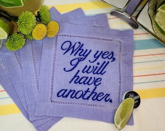 Custom Text Linen Embroidered Cocktail Napkins, Your Text or Ours, Build Your Set, Multiple Colors & Options, Funny Game Night Napkins