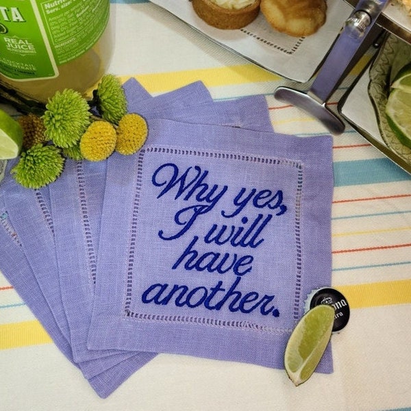 Custom Linen Embroidered Cocktail Napkins, Your Phrases or Ours, Build Your Own Set of 4, Funny Napkins, Monogrammed Gift, Personalized Gift